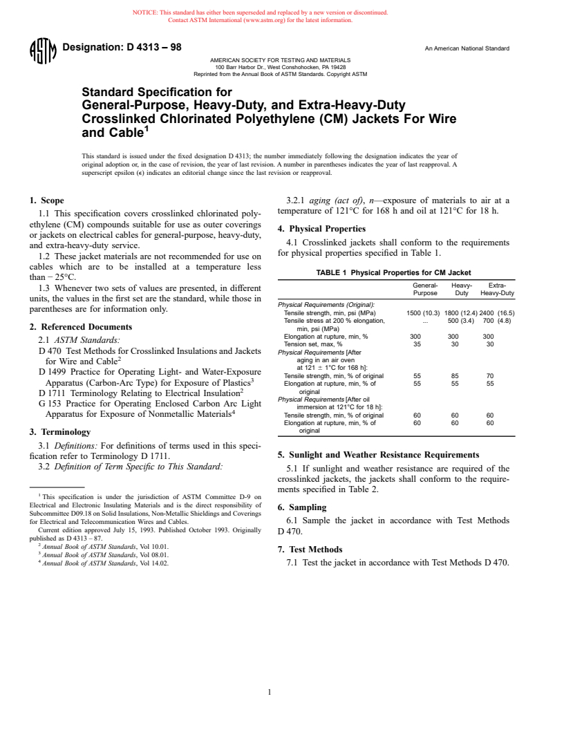 ASTM D4313-98 - Standard Specification for General-Purpose, Heavy-Duty, and Extra-Heavy-Duty Crosslinked Chlorinated Polyethylene (CM) Jackets For Wire and Cable