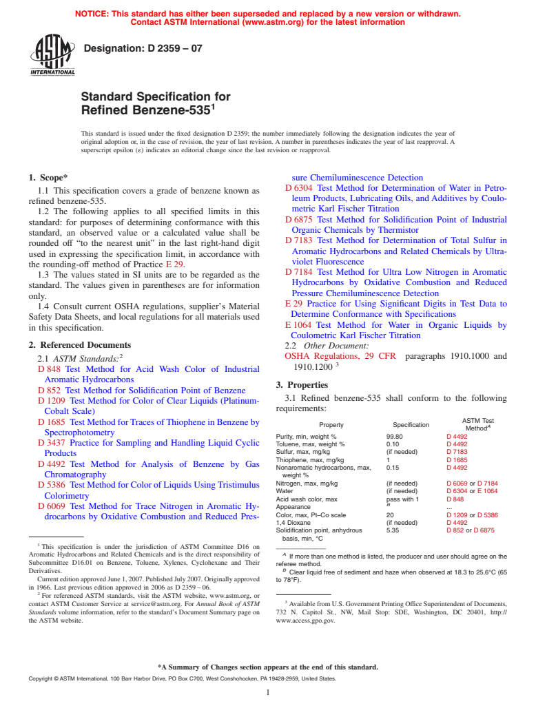 ASTM D2359-07 - Standard Specification for Refined Benzene-535