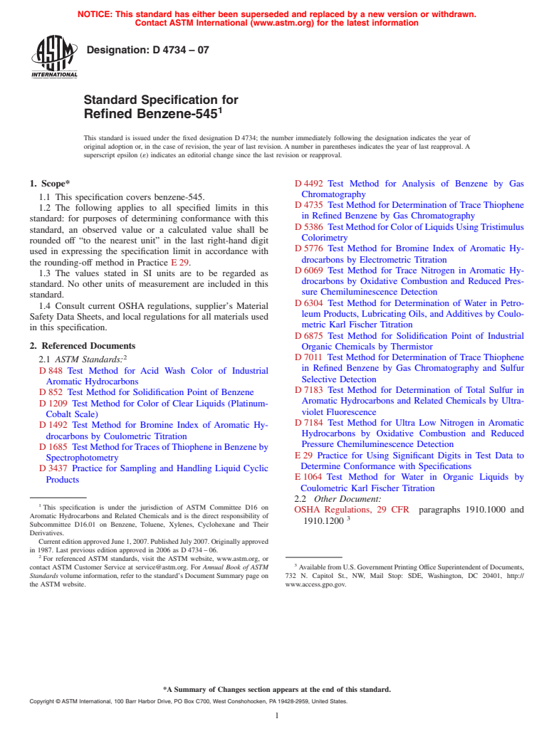 ASTM D4734-07 - Standard Specification for Refined Benzene-545