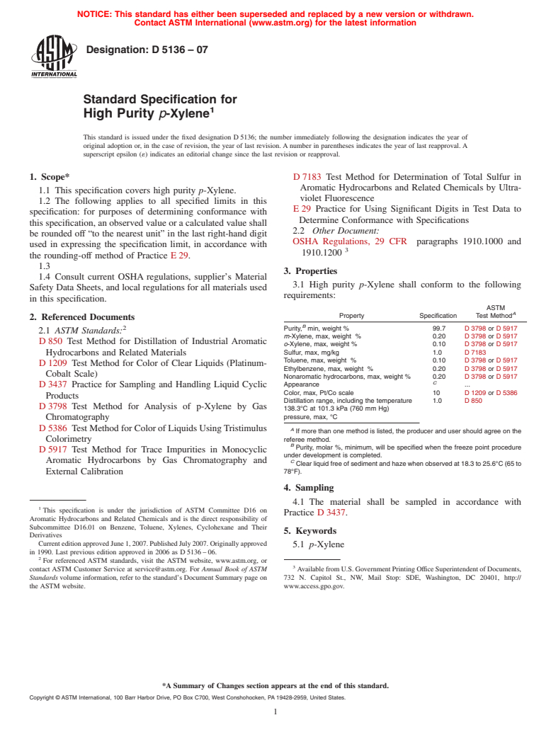 ASTM D5136-07 - Standard Specification for High Purity <i>p</i>-Xylene