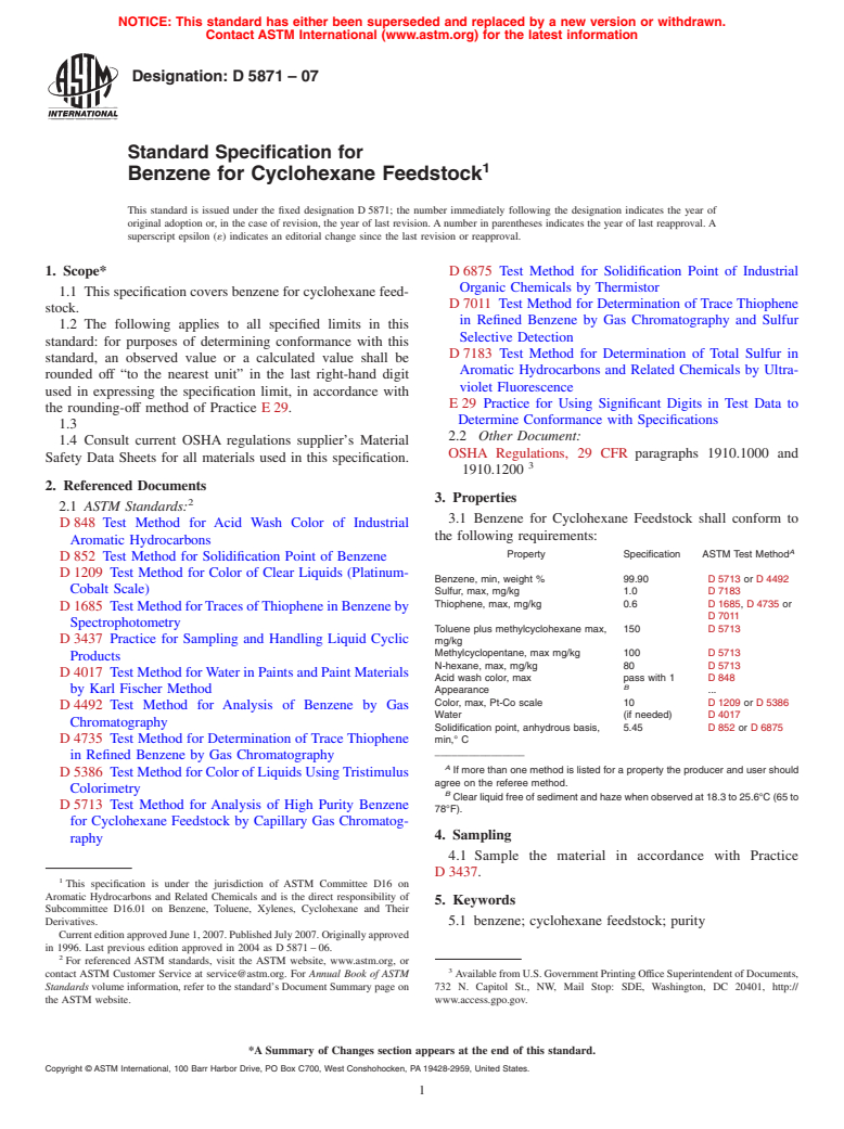 ASTM D5871-07 - Standard Specification for Benzene for Cyclohexane Feedstock