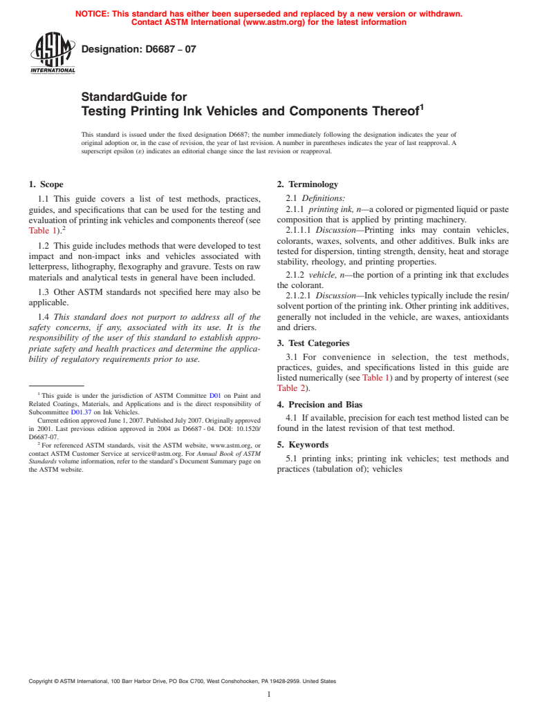 ASTM D6687-07 - Standard Guide for Testing Printing Ink Vehicles and Components Thereof