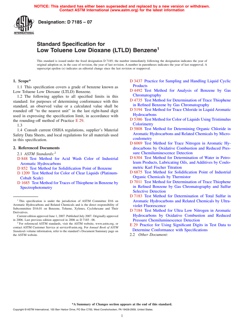 ASTM D7185-07 - Standard Specification for Low Toluene Low Dioxane (LTLD) Benzene