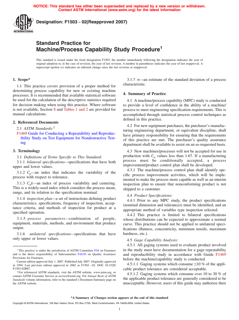 ASTM F1503-02(2007) - Standard Practice for Machine/Process Capability Study Procedure