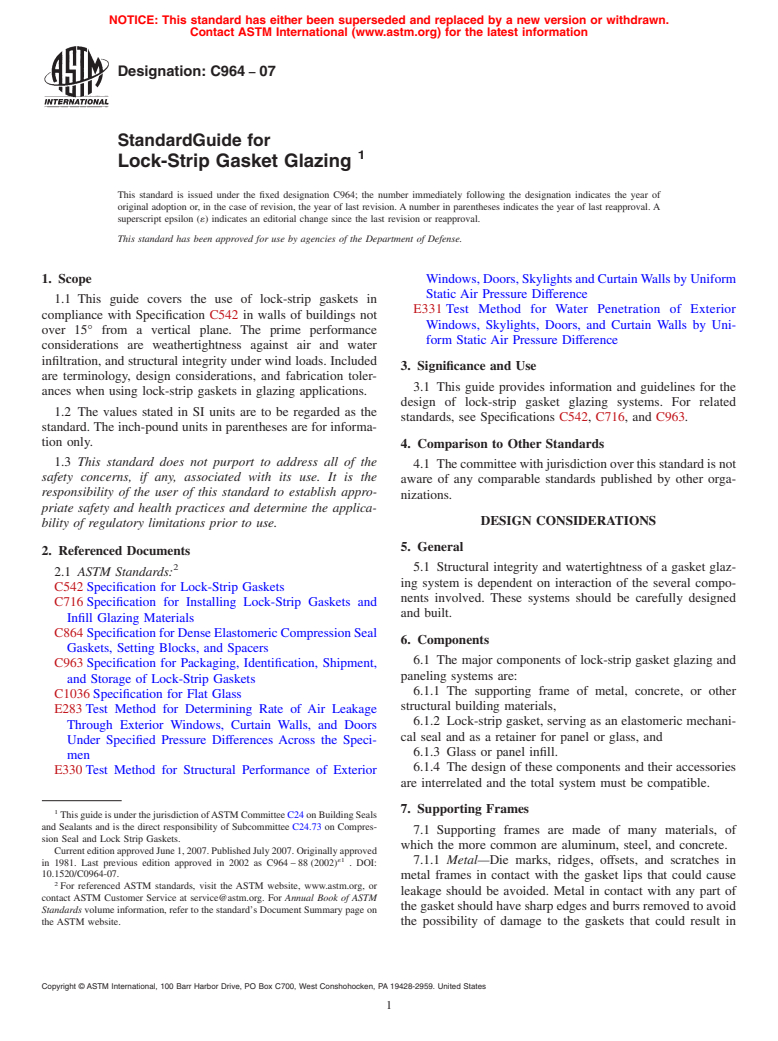 ASTM C964-07 - Standard Guide for Lock-Strip Gasket Glazing