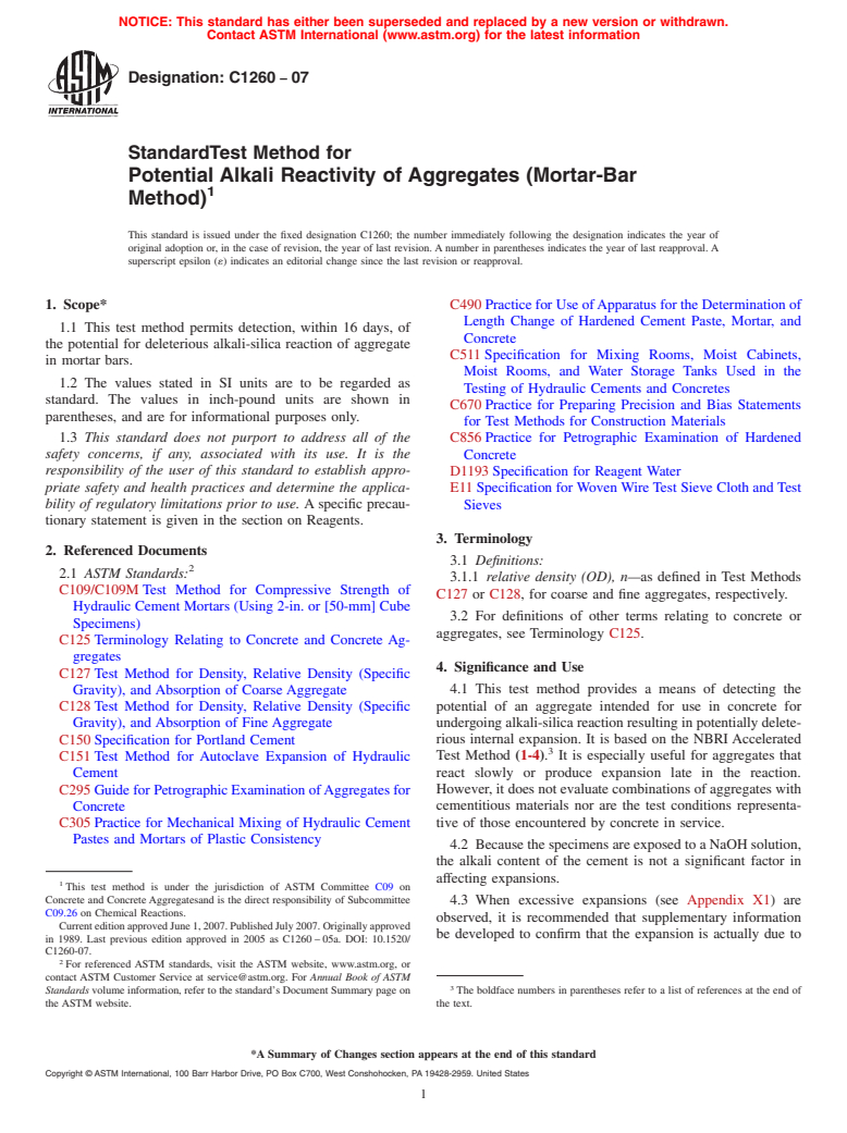 ASTM C1260-07 - Standard Test Method for Potential Alkali Reactivity of Aggregates (Mortar-Bar Method)