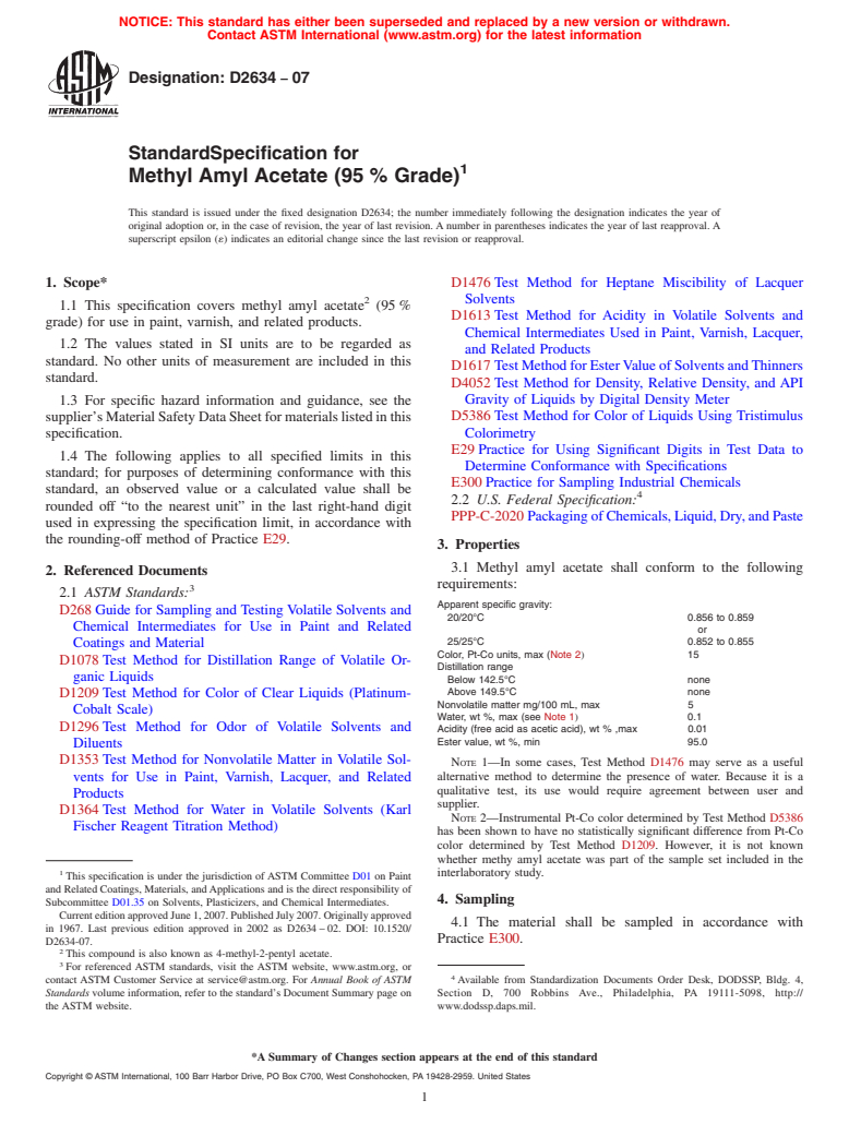 ASTM D2634-07 - Standard Specification for Methyl Amyl Acetate (95 % Grade)