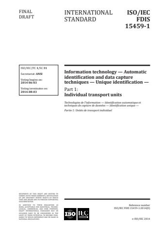 ISO/IEC 15459-1:2014 - Information technology -- Automatic identification and data capture techniques -- Unique identification
