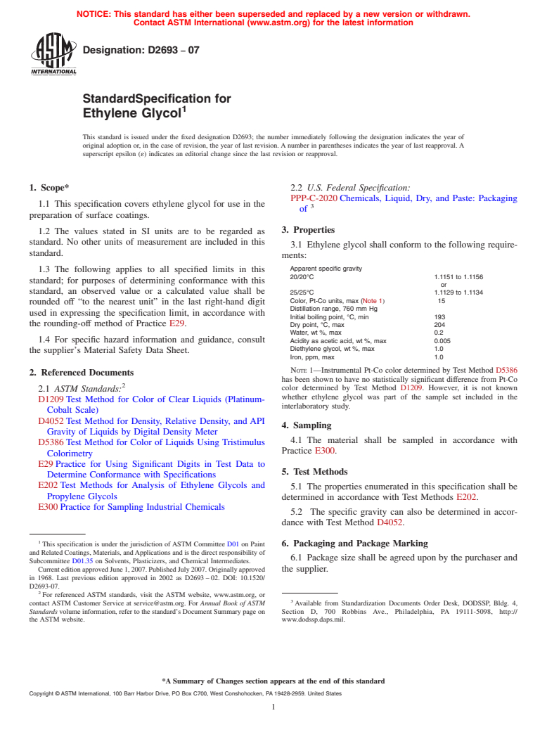 ASTM D2693-07 - Standard Specification for Ethylene Glycol