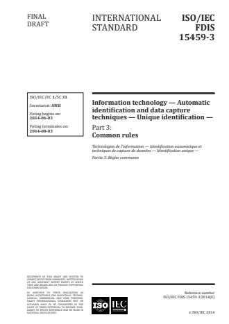 ISO/IEC 15459-3:2014 - Information technology -- Automatic identification and data capture techniques -- Unique identification