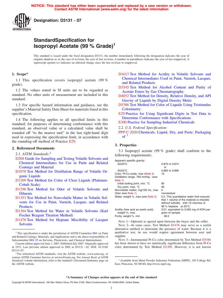 ASTM D3131-07 - Standard Specification for Isopropyl Acetate (99 % Grade)