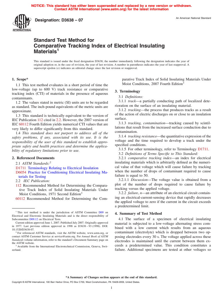 ASTM D3638-07 - Standard Test Method for Comparative Tracking Index of Electrical Insulating Materials