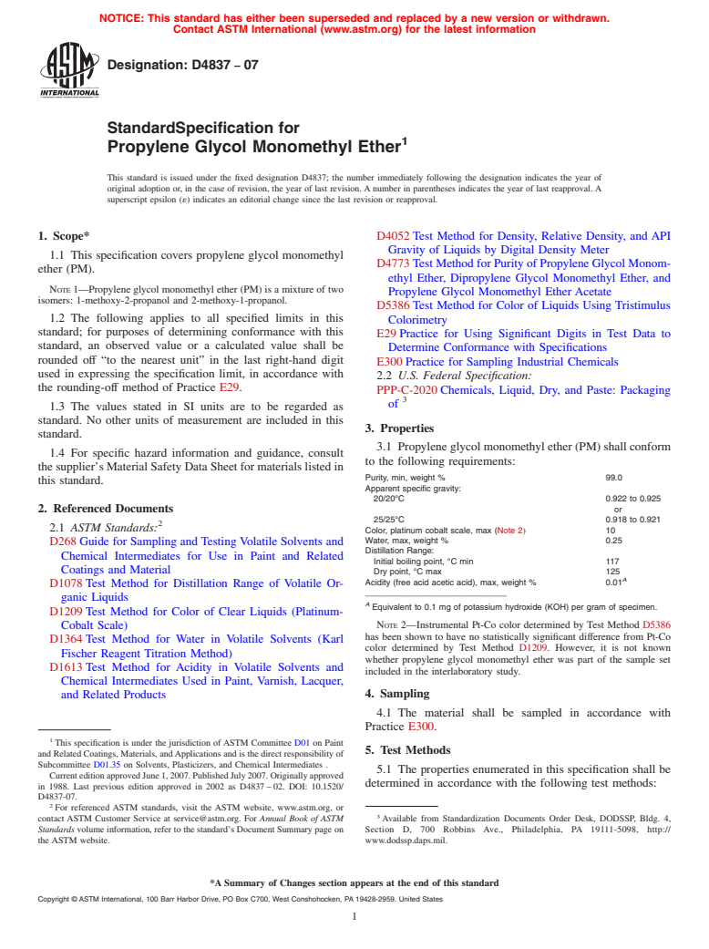 ASTM D4837-07 - Standard Specification for Propylene Glycol Monomethyl Ether