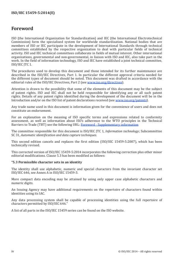 ISO/IEC 15459-5:2014 ISO/IEC 15459-5:2014 - Information technology -- Automatic identification and data capture techniques -- Unique identification - Page 4 preview
