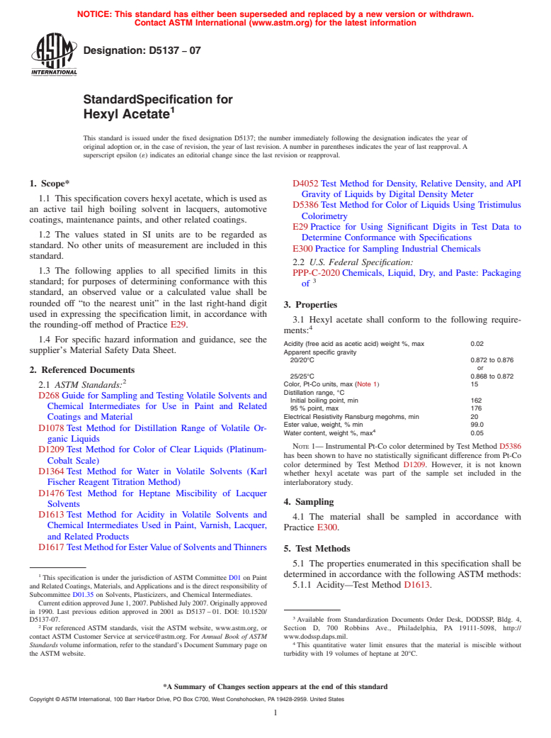 ASTM D5137-07 - Standard Specification for Hexyl Acetate