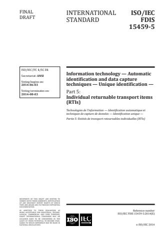 ISO/IEC 15459-5:2014 - Information technology -- Automatic identification and data capture techniques -- Unique identification