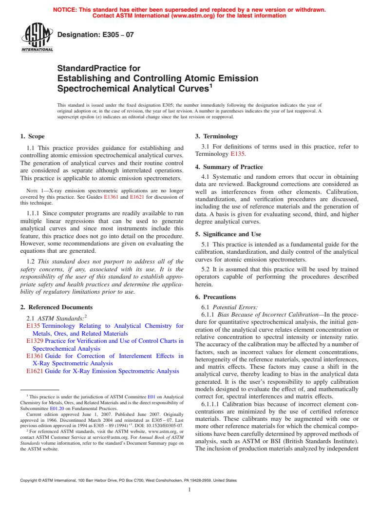 ASTM E305-07 - Standard Practice for Establishing and Controlling Atomic Emission Spectrochemical Analytical Curves