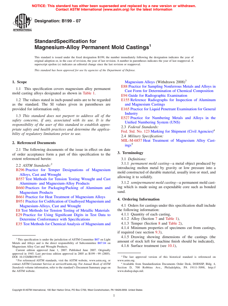 ASTM B199-07 - Standard Specification for Magnesium-Alloy Permanent Mold Castings