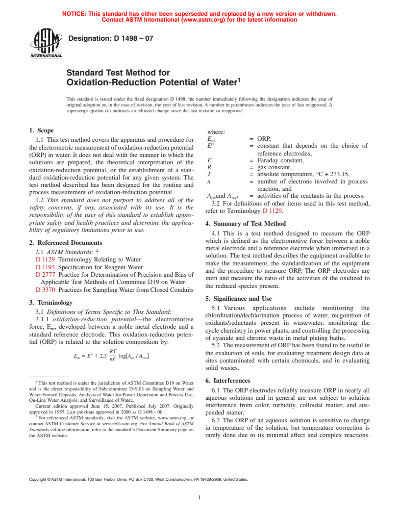 ASTM D1498-07 - Standard Test Method for Oxidation-Reduction Potential of Water