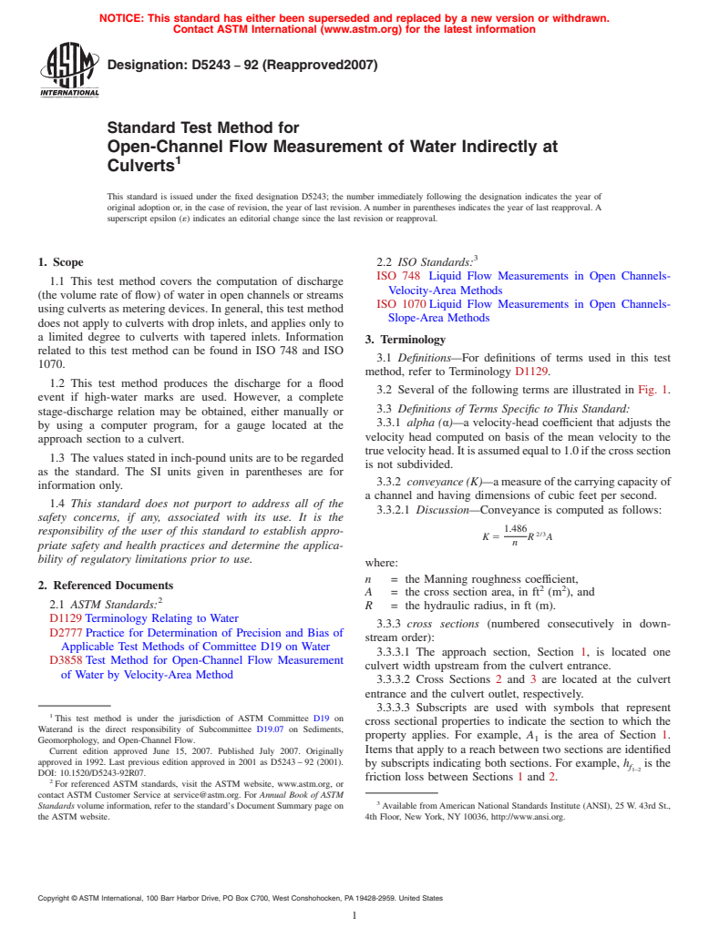 ASTM D5243-92(2007) - Standard Test Method for Open-Channel Flow Measurement of Water Indirectly at Culverts