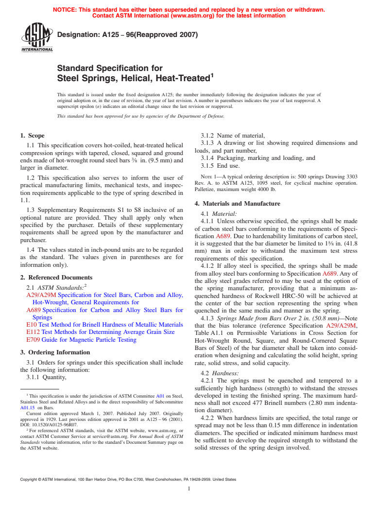 ASTM A125-96(2007) - Standard Specification for Steel Springs, Helical, Heat-Treated