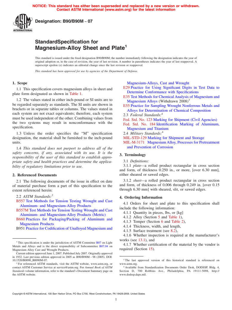 ASTM B90/B90M-07 - Standard Specification for Magnesium-Alloy Sheet and Plate