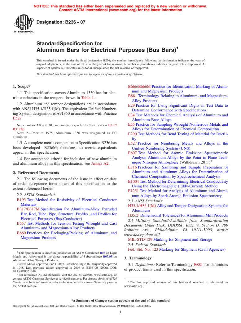 ASTM B236-07 - Standard Specification for Aluminum Bars for Electrical Purposes (Bus Bars)