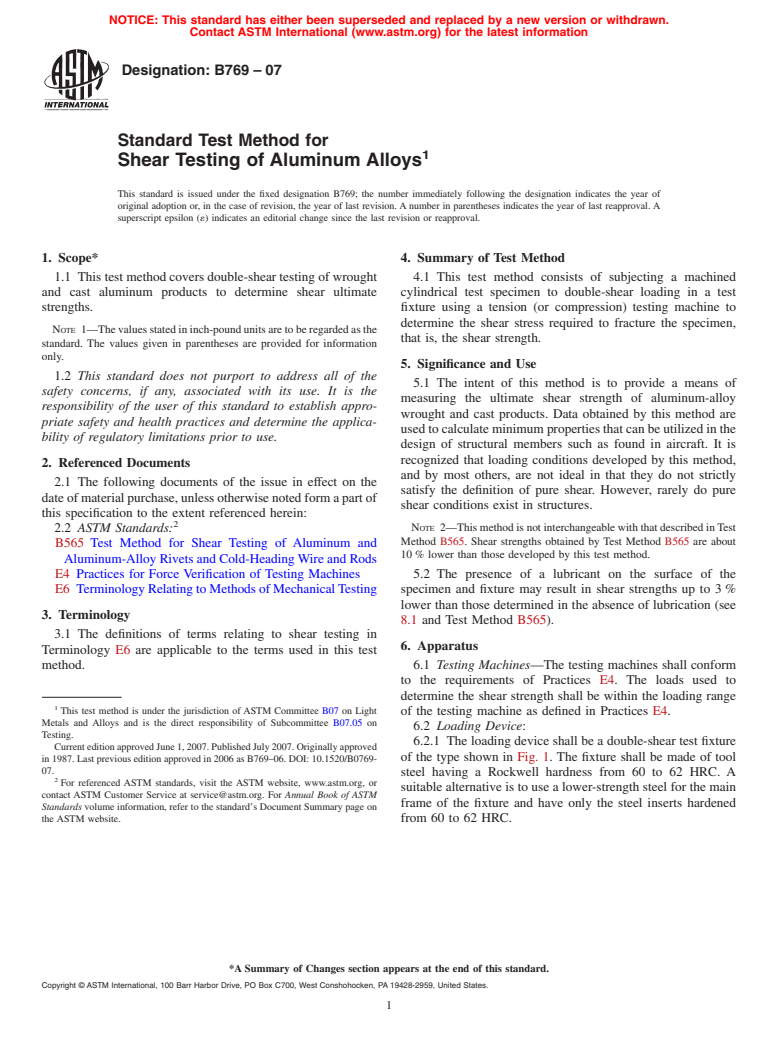 ASTM B769-07 - Standard Test Method for Shear Testing of Aluminum Alloys