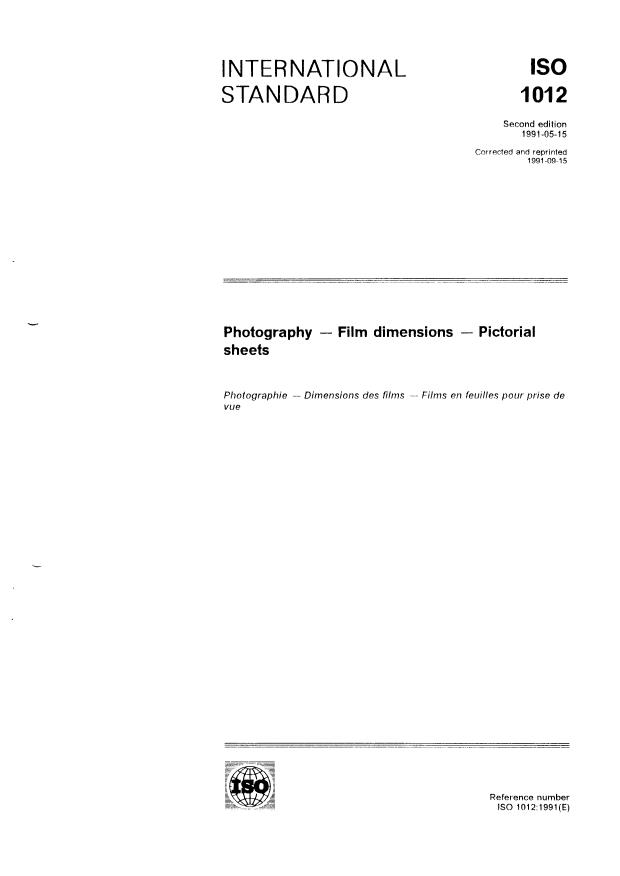 ISO 1012:1991 - Photography -- Film dimensions -- Pictorial sheets