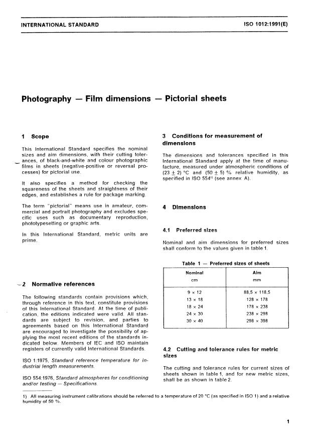 ISO 1012:1991 - Photography -- Film dimensions -- Pictorial sheets