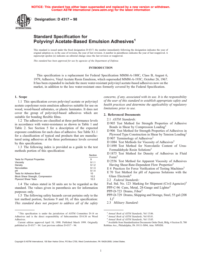 ASTM D4317-98 - Standard Specification for Polyvinyl Acetate-Based Emulsion Adhesives