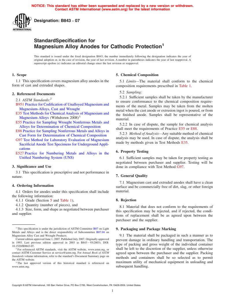 ASTM B843-07 - Standard Specification for Magnesium Alloy Anodes for Cathodic Protection