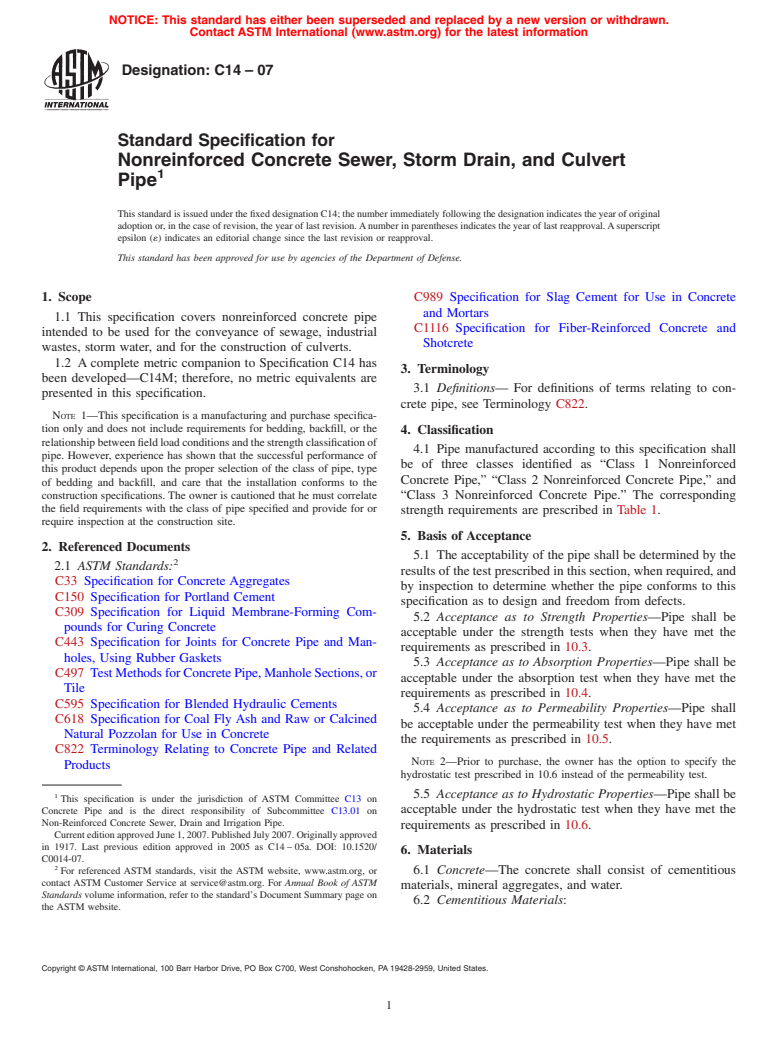 ASTM C14-07 - Standard Specification for Nonreinforced Concrete Sewer, Storm Drain, and Culvert Pipe