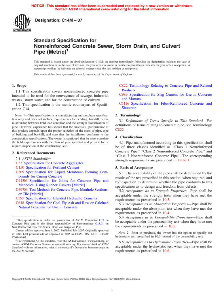 ASTM C14M-07 - Standard Specification for Nonreinforced Concrete Sewer, Storm Drain, and Culvert Pipe (Metric)