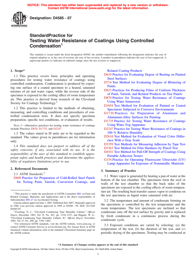 ASTM D4585-07 - Standard Practice for Testing Water Resistance of Coatings Using Controlled Condensation