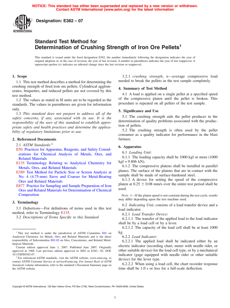 ASTM E382-07 - Standard Test Method for Determination of Crushing Strength of Iron Ore Pellets