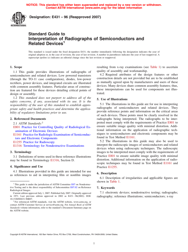 ASTM E431-96(2007) - Standard Guide to Interpretation of Radiographs of Semiconductors and Related Devices