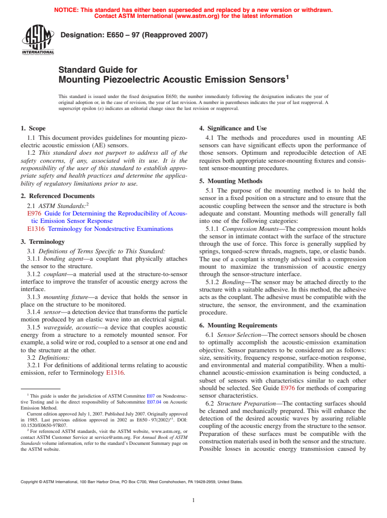 ASTM E650-97(2007) - Standard Guide for Mounting Piezoelectric Acoustic Emission Sensors