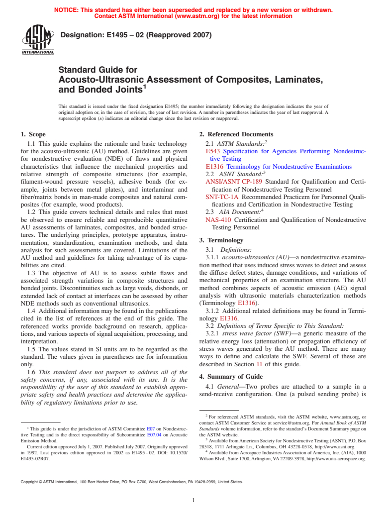 ASTM E1495-02(2007) - Standard Guide for Acousto-Ultrasonic Assessment of Composites, Laminates, and Bonded Joints