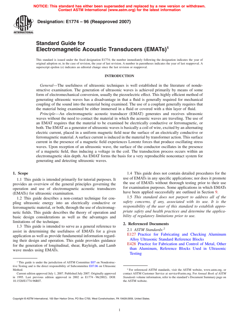 ASTM E1774-96(2007) - Standard Guide for Electromagnetic Acoustic Transducers (EMATs)