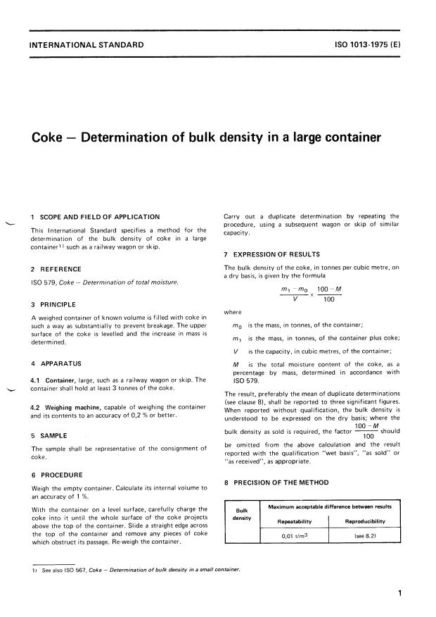 ISO 1013:1975 - Coke -- Determination of bulk density in a large container