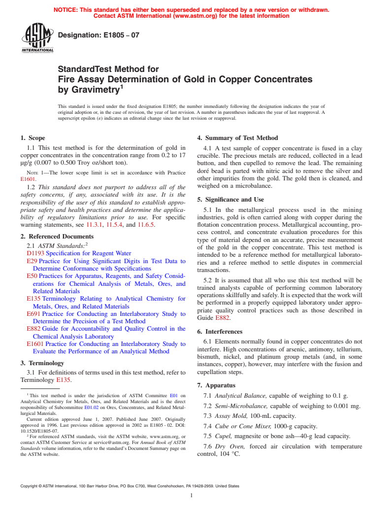 ASTM E1805-07 - Standard Test Method for Fire Assay Determination of Gold in Copper Concentrates by Gravimetry