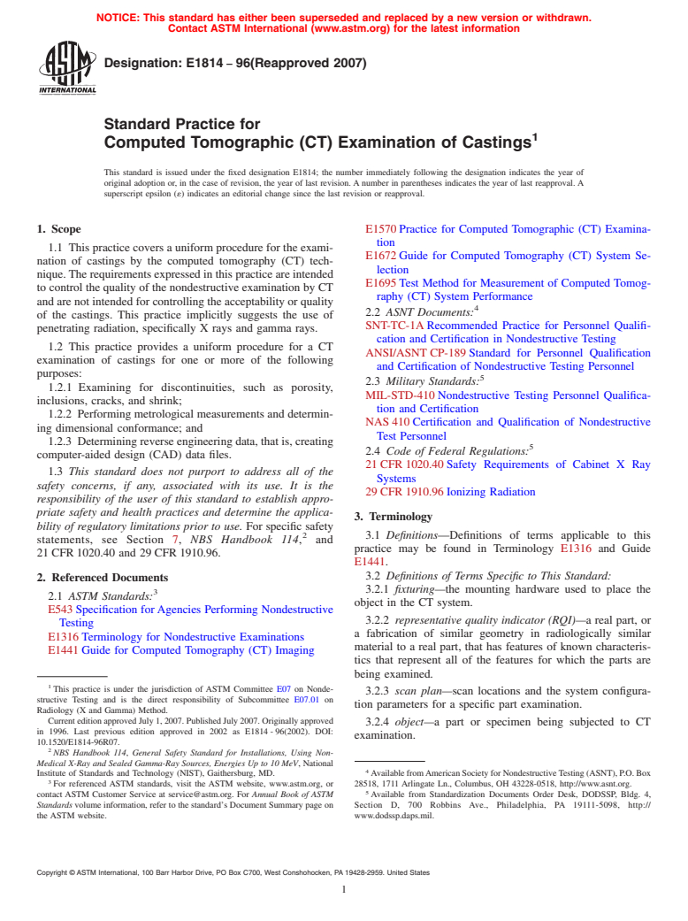 ASTM E1814-96(2007) - Standard Practice for Computed Tomographic (CT) Examination of Castings