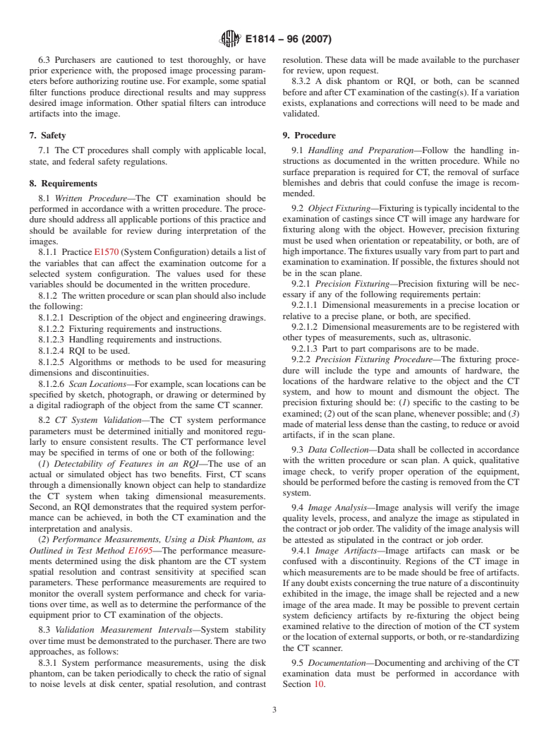 ASTM E1814-96(2007) - Standard Practice for Computed Tomographic (CT) Examination of Castings