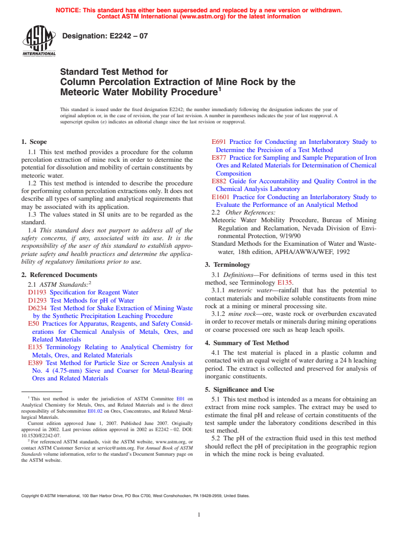 ASTM E2242-07 - Standard Test Method for Column Percolation Extraction of Mine Rock by the Meteoric Water Mobility Procedure