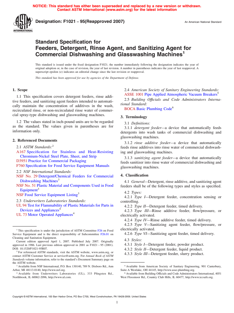 ASTM F1021-95(2007) - Standard Specification for Feeders, Detergent, Rinse Agent, and Sanitizing Agent for Commercial Dishwashing and Glasswashing Machines