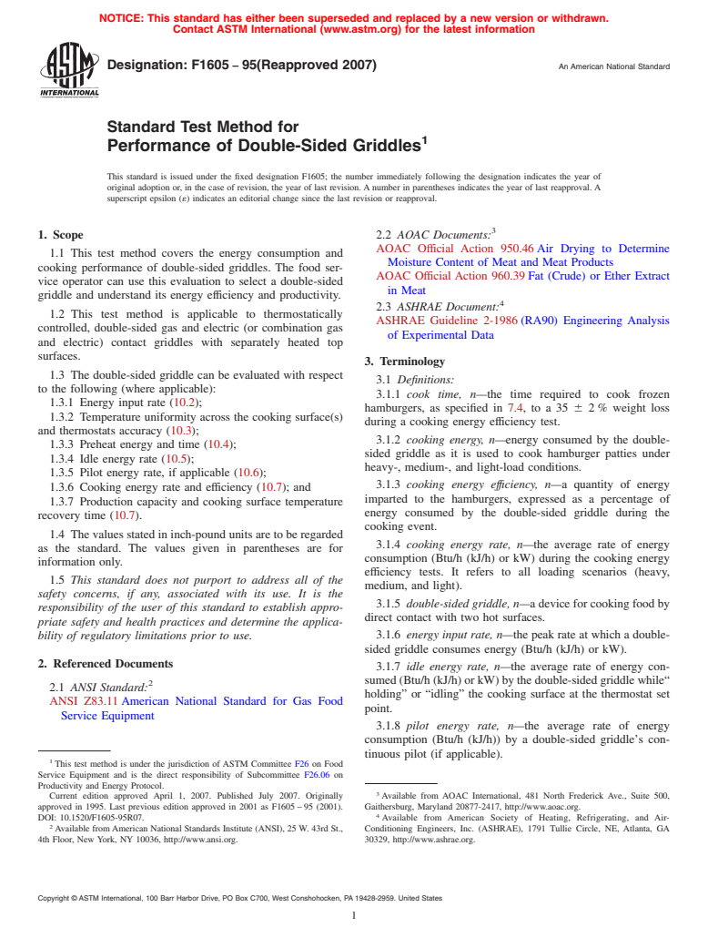 ASTM F1605-95(2007) - Standard Test Method for Performance of Double-Sided Griddles