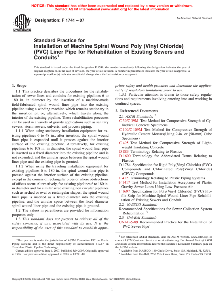ASTM F1741-07 - Standard Practice for Installation of Machine Spiral Wound Poly (Vinyl Chloride) (PVC) Liner Pipe for Rehabilitation of Existing Sewers and Conduits
