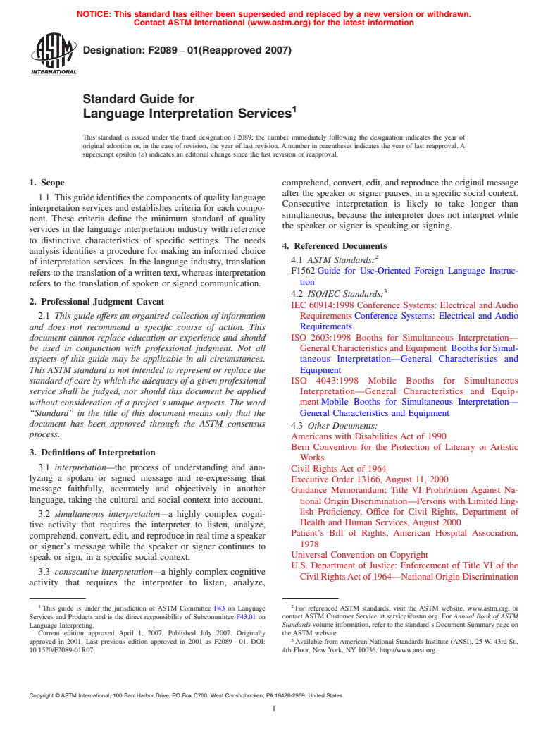 ASTM F2089-01(2007) - Standard Guide for Language Interpretation Services