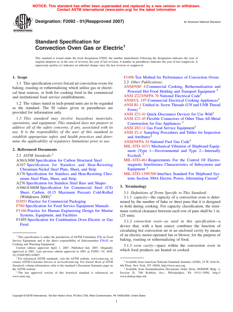 ASTM F2092-01(2007) - Standard Specification for Convection Oven Gas or Electric